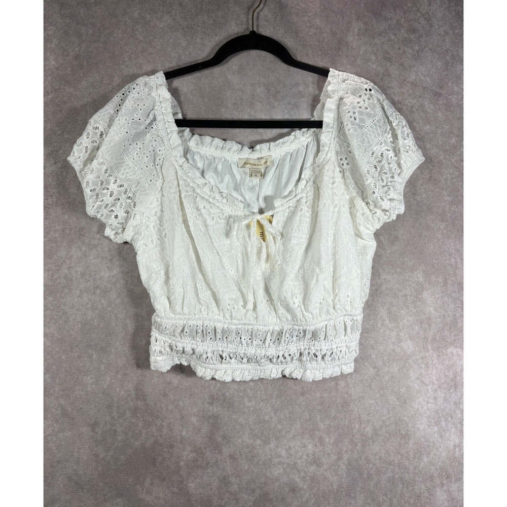 Monteau Top Womens XL White Eyelet Peasant Smocked Crop Blouse Festival Boho NEW
